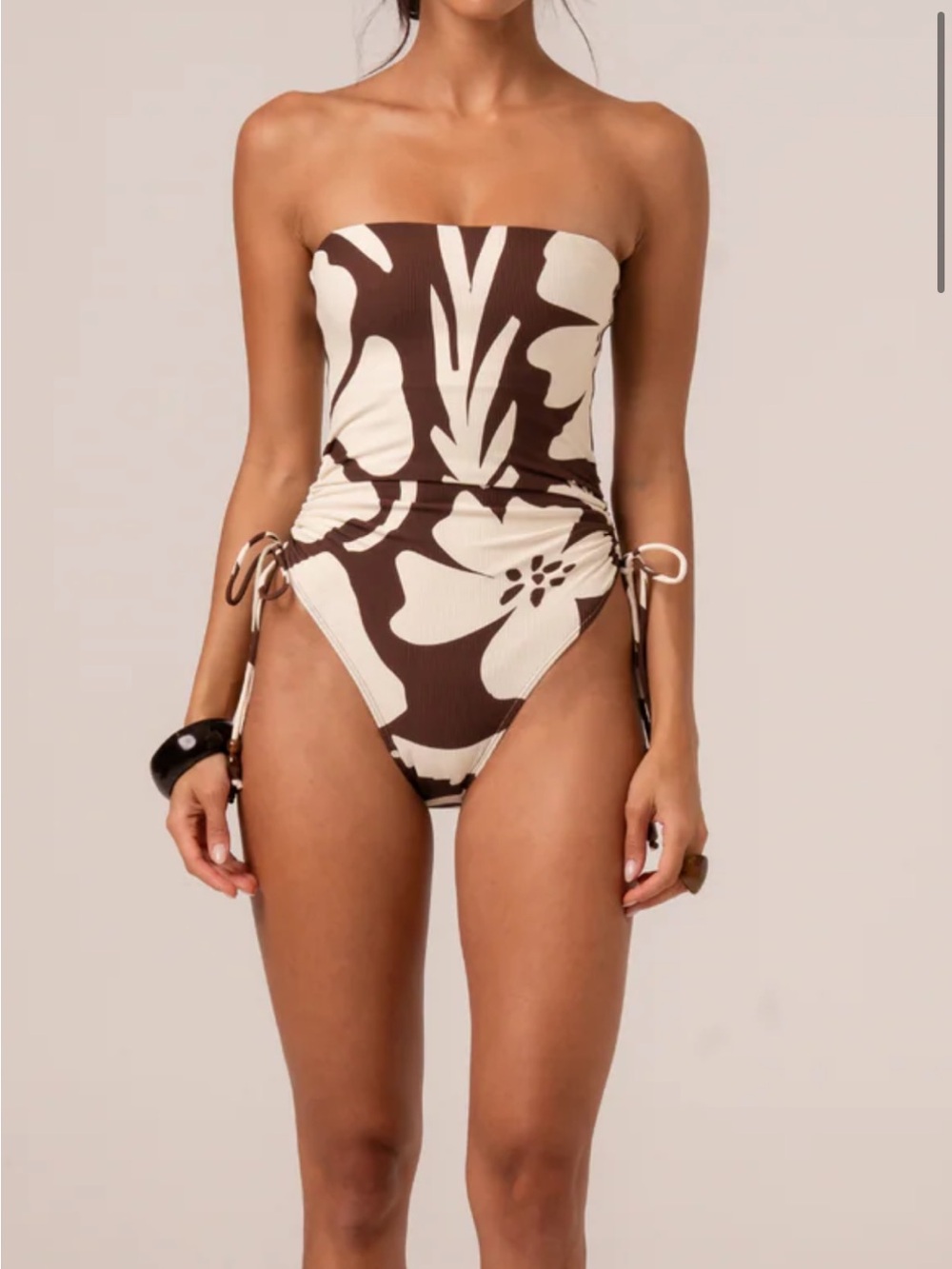 Strapless Floral One-Piece Swimsuit in Brown & Cream with Side Ties